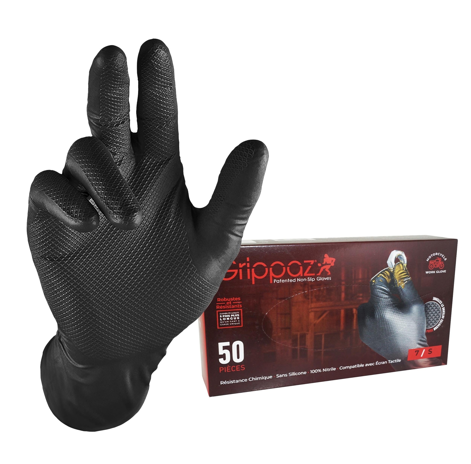 Gants nitrile ultra résistants à texture écailles de poisson anti glisse noir L