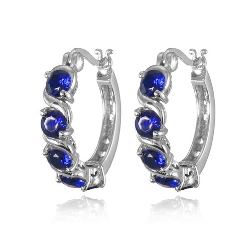 Sterling Silver Created Blue Sapphire S Design Round Hoop Earrings - Picture 2 of 3