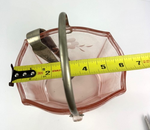 Vintage Pink Glass Ice Bucket With Etched Floral Design & Metal Handle 80 - Picture 7 of 7