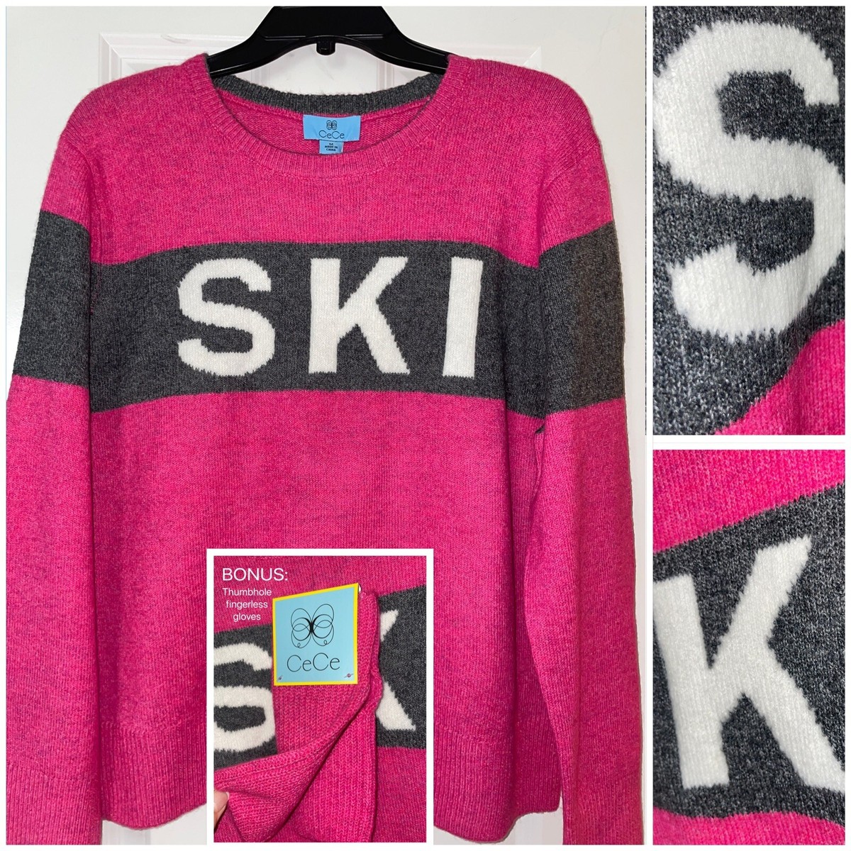 NWT CeCe “SKI” Motif Crewneck Sweater LRG/XL/XXL Pink/White/Grey +BONUS:  Gloves | eBay