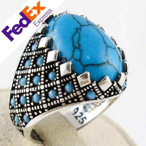 925 Sterling Silver Turkish Handmade Turquoise Stone Men's Luxury Ring All Sizes 
