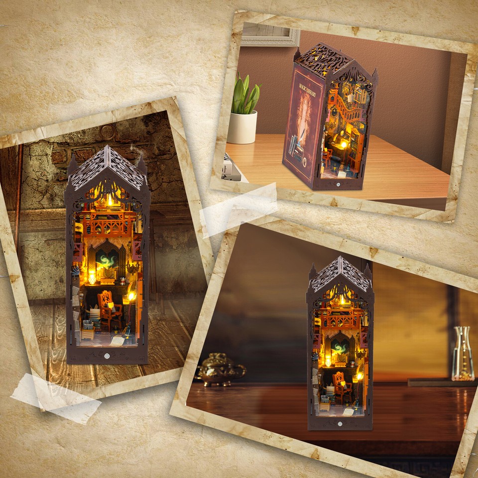 DIY Book Nook Kit 3D Wooden Puzzle Bookshelf Insert Decor with Light