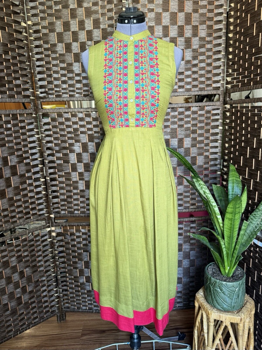Sz S Linen High Neck Mandarin Embroidered Maxi Dress Pink Green Blue Tank Flare | eBay Sz S Linen High Neck Mandarin Embroidered Maxi Dress Pink Green Blue Tank Flare | eBay