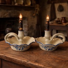2 Williamsburg Pottery Chamber Stick Candle Holders - Salt Glazed W/Elec Candles
