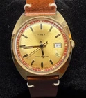 Vintage Timex Date Gold Tone Red Chapter Ring Manual Wind Watch 33.5mm Runs