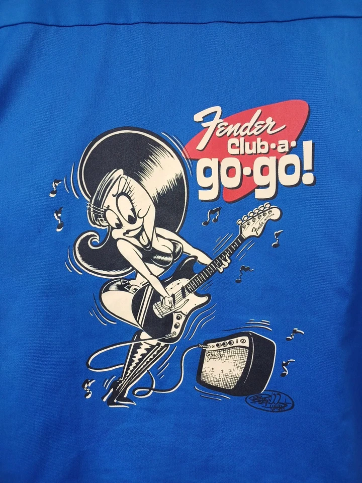 Vtg Fender Club a Go Go Sexy Girl Shirt XL Button Front Guitar Amp Blue - Image 4 of 4