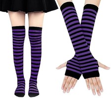 Womens Socks Striped Knee High Socks Arm Warmer Fingerless Gloves Set Purple