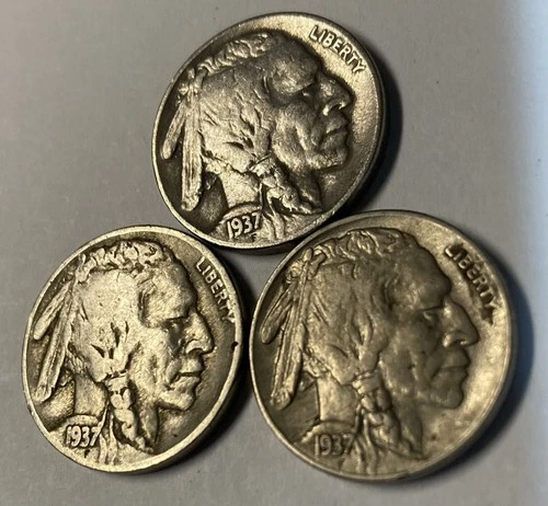 (E) Beautiful 1937 P, D, And S Buffalo Nickels With 1/2 To Full Horn 3 Coin Lot