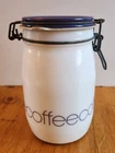Vtg 1970s WHEATON Milk Glass COFFEE Canister Jar Opaque Blue Lid Metal Wire Bail