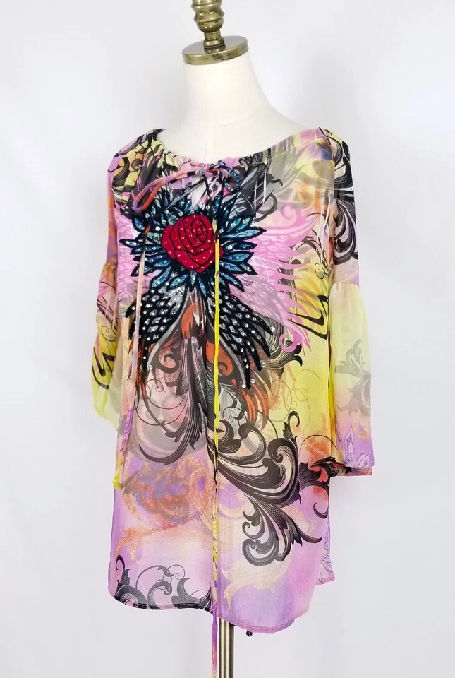 全新 Spy Zone Exchange 刺绣雪纺束腰外衣 M 码粉色多色闪亮 — 第 3/4 张图片