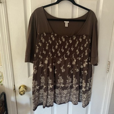 Venezia 22/24 Y2K Babydoll Top Earthy Brown Floral Smocked Fit Flare Earthcore