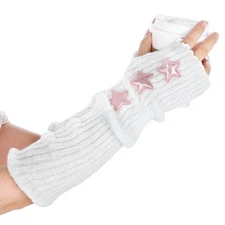 White Lace Arms Sleeves, Long Fingerless Arm Warmers, Autumn Winter Cute Star