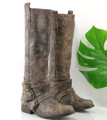Steve Madden Womens Brodiee Riding Boot Size 9.5 Brown Crackle Distress Buckles