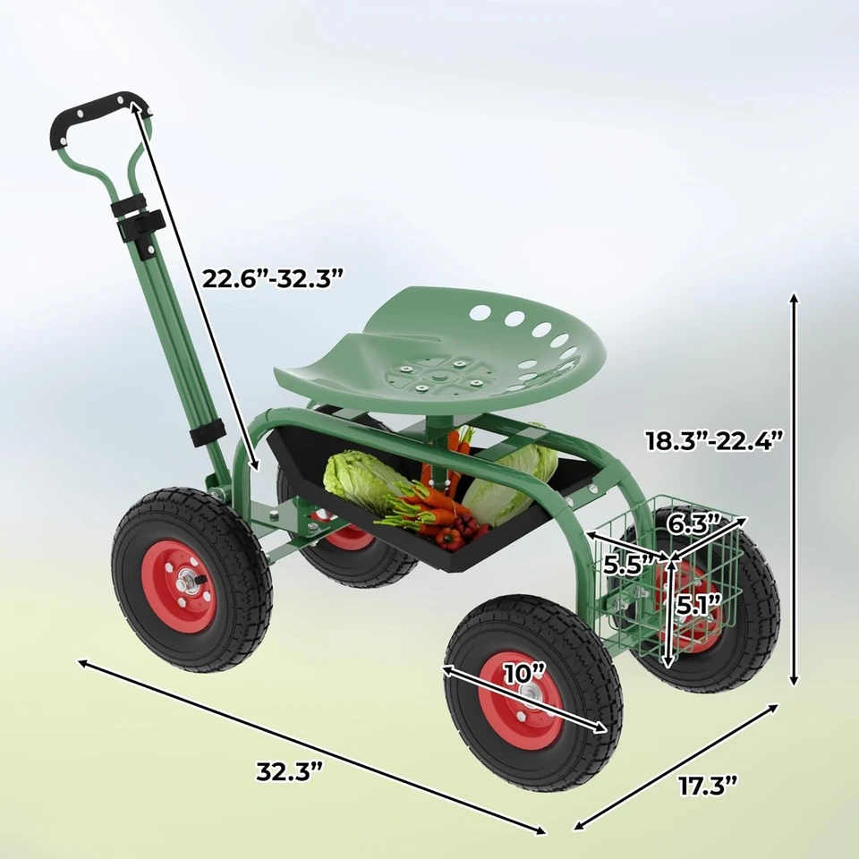 Outdoor Rolling Cart Garden Seat with Wheels w Adjustable 360° Swivel&Tool Tray - Image 3 of 4