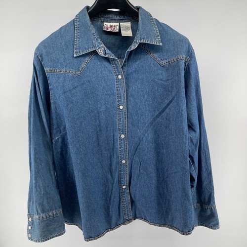 Bill Blass, Vintage Bill Blass Denim Shirt Womens 3X Chambray Western Rodeo Pearl Snap