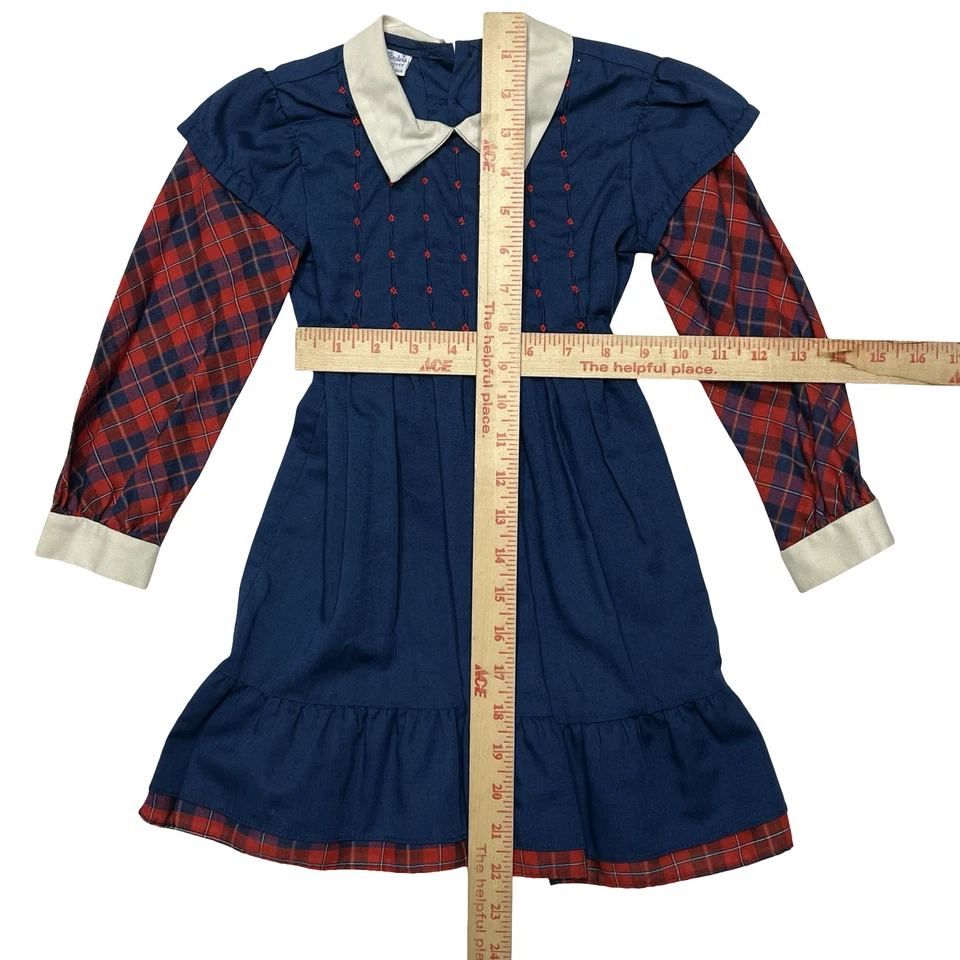 Vestido vintage de Polly Flinders para niñas 5 cuadros de manga larga Peter Pan Cuello 70s 80s Foto 2 de 4