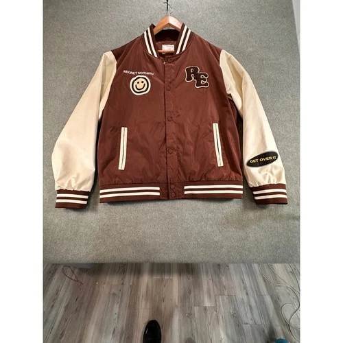 Riot Empire Mens No Bad Vibes Varsity Jacket Brown Cream XL MNJK3060-BRN-RE image 3