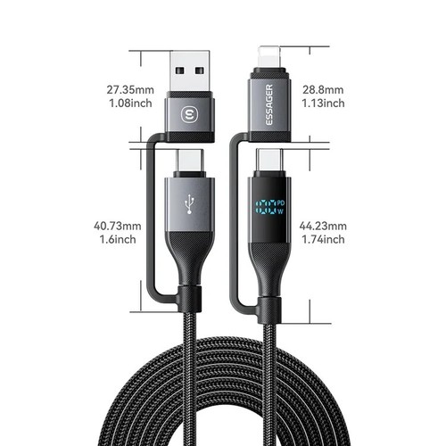 ESSAGER 4-w-1 Kabel do transmisji danych Wyświetlacz cyfrowy PD 100W Kabel szybkiego ładowania 2m - Zdjęcie 9 z 9