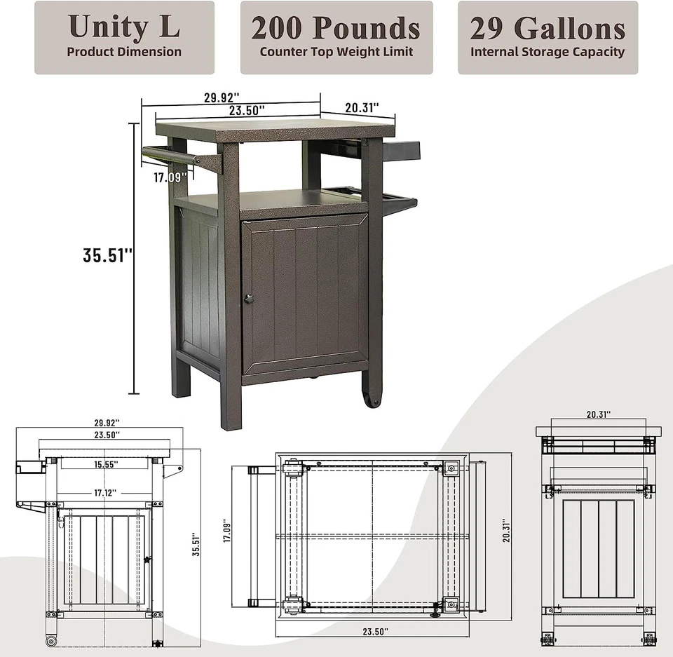 Carros de parrilla exterior Domi con ruedas, mesa de metal y gabinete de almacenamiento para barbacoa (marrón) Foto 2 de 4