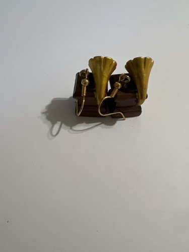 Miniature Gramophone Earrings Brown & Gold Hook Style Handmade Unique Design - Picture 3 of 6