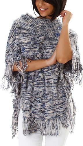 Damen Poncho Pullover warm flauschig weich Fransen Rollkragen Knöpfe 36 38 40 - Bild 6 von 22