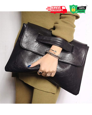 Womens Black Leather Messenger Bag Large Clutch Purse Envelope Handbag Briefcase