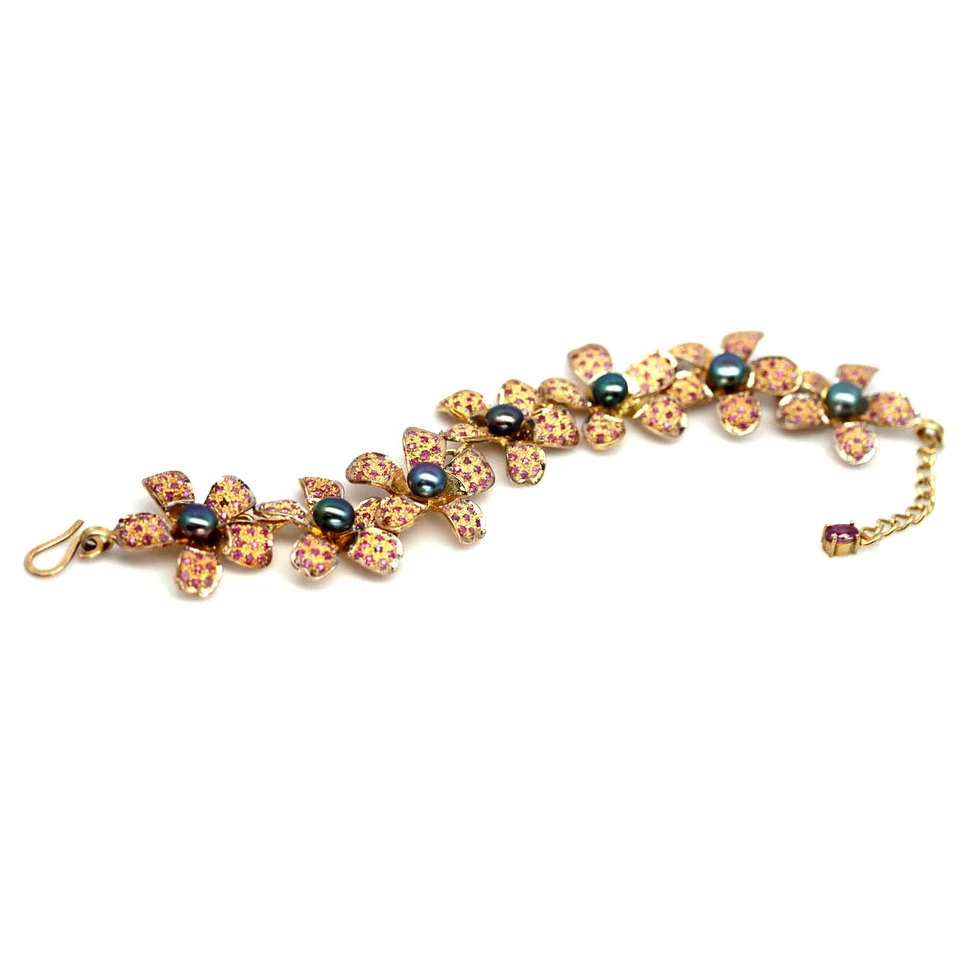 925 Sterlingsilber 6 Mm. Grau Perle & Rosa Saphir Blume Armband 21.6cm - Bild 3 von 4