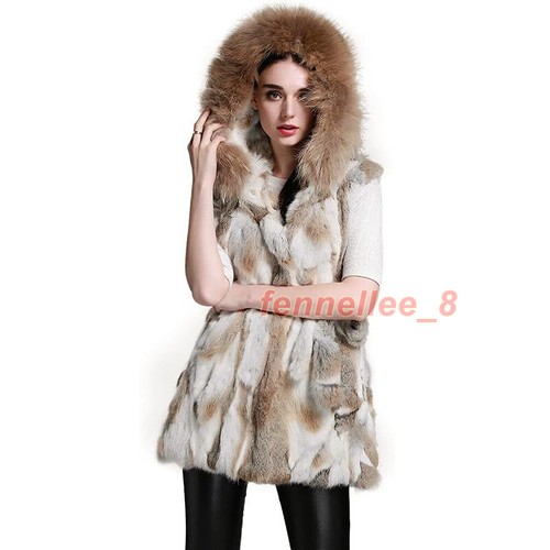 Women's 100% Real Rabbit Fur Vest Coat Raccoon Fur Collar Hooded Jacket Outwear - Picture 10 of 12