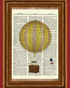 Vintage Retro Hot Air Balloon Dictionary Curious Art Print Poster Picture Yellow