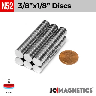 3/8in x 1/8in N52 Super Strong Round Disc Rare Earth Neodymium Magnets - Image 1 of 2