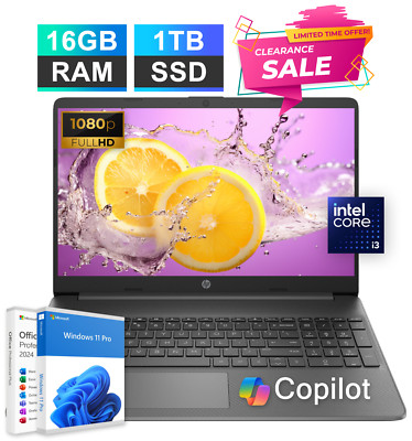 HP 15 Laptop Computer 15.6 Office 2024 6-Core Intel i3 FHD 16GB RAM 1TB SSD Pro