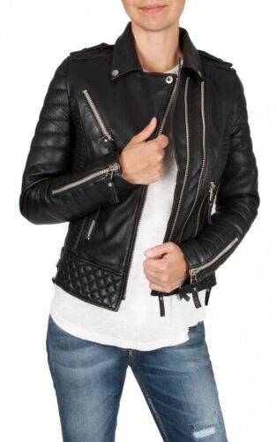 Biker Women's Quilted Black 100% Genuine Lambskin Leather Jacket Designer RX400 - Picture 1 of 8
