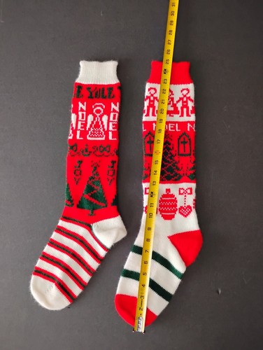 2 Vintage Knit Christmas Stocking 25” Long Striped MCM Red White Green Folk Art - Picture 6 of 6