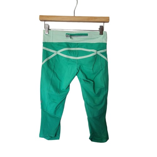 Lululemon Athletica Leggings 4 Run Pace Crop Mesh Women's Green Ruched Sides Act - Picture 12 of 12