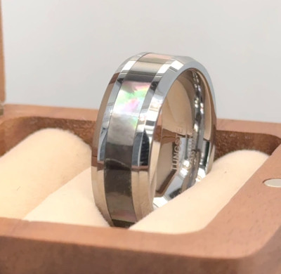 Mother Of Pearl Inlay Ring Silver Tungsten Beveled Edge Band November Gifts Ring
