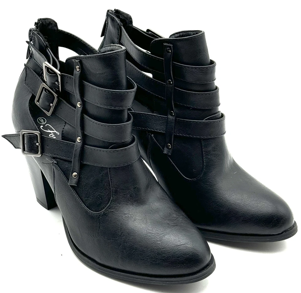 Botines Forever Brand para mujer 9 punta cerrada correas negras hebillas tacón apilado Foto 2 de 4