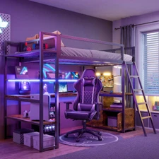 Metal Loft Bed with Work Station, Multiple Storage Twin Size LED Loft Bunk Beds
