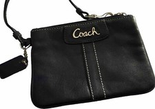 Vintage Coach Black Leather Wristlet Cursive And Striped Interior
