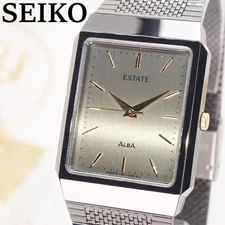 Seiko ALBA ESTATE Rectangular Vintage Watch Gunmetal Mens Timepiece