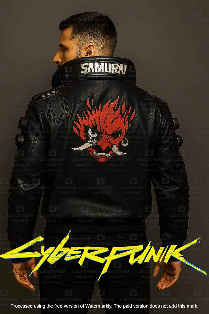 VR × CYBERPUNK LEATHER BOMBER JACKET V's Cyberpunk 2077 Samurai Jacket Real Leather Bomber Gaming