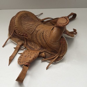 Vtg Handcrafted Miniature Leather Saddle Tooled Western Art Doll House Decor