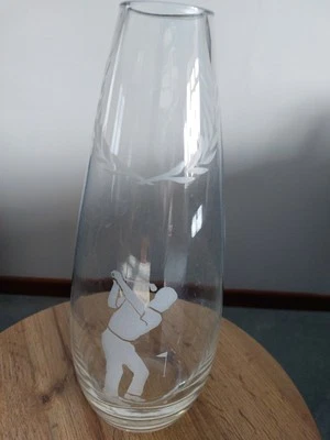 large tall oval glass golf trophy/ vase with a engraved golfing scene. - Image 1 of 4