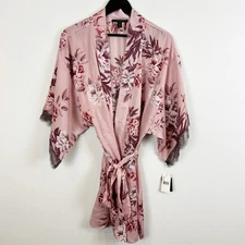 Midnight Bakery Pink Floral Short Robe with Black Lace Trim Size X-Large