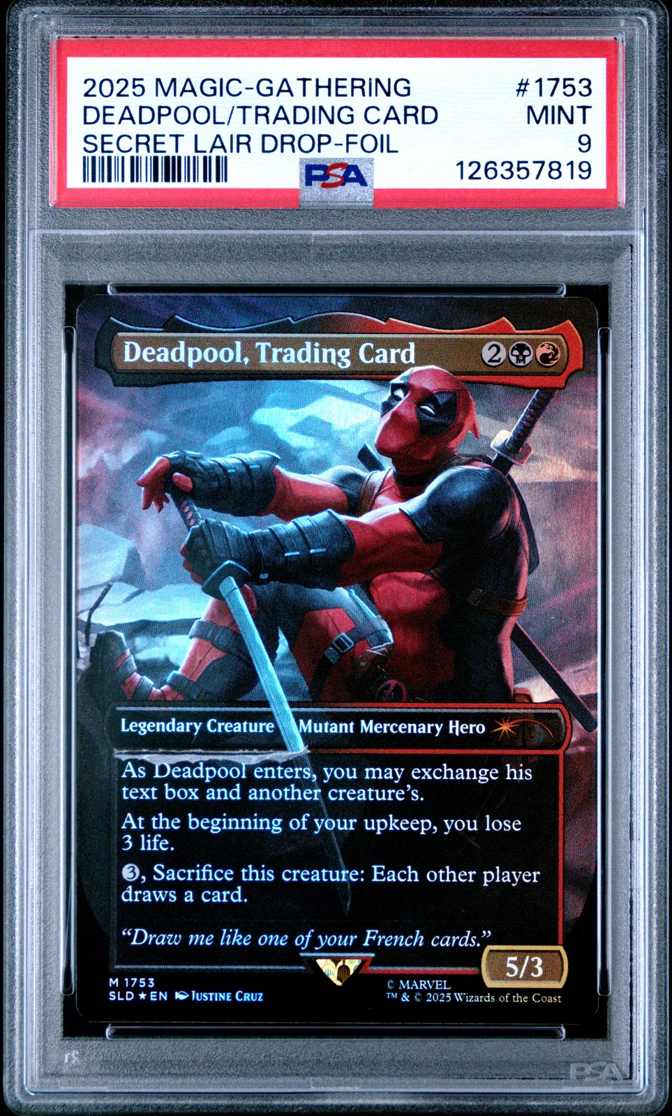 2025 MTG SECRET LAIR DROP MARVEL'S DEADPOOL-FOIL DEADPOOL, TRADING CARD PSA 9