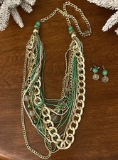 Vintage Gold Tone w/Green Clear Beads Multi Strand Necklace Earrings Set