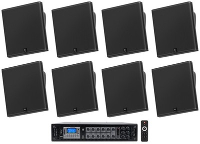 8) JBL SLP14/T-BK Sleek Low-Profile On Wall Mount 4'' 70v Commercial Speakers+Amp