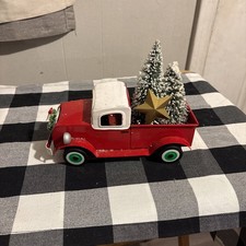 Red Metal Vintage Truck with Christmas Trees Decoration Centerpiece Farmhouse