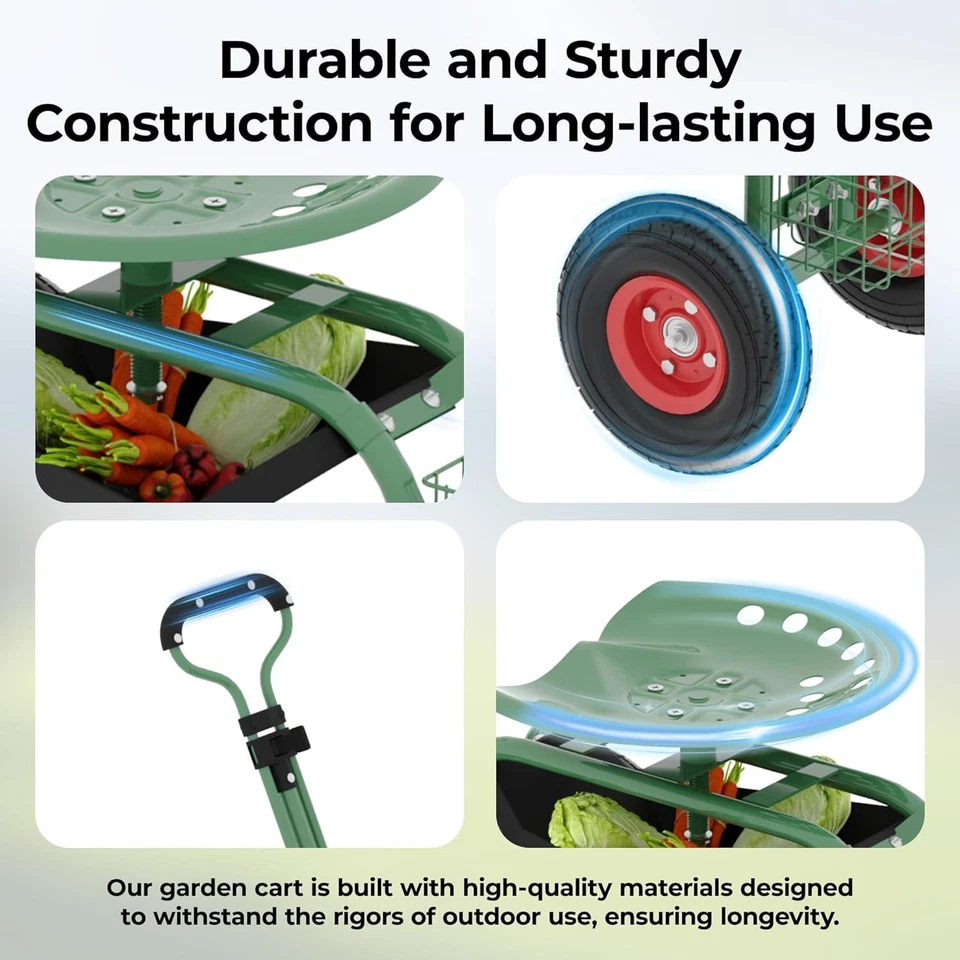Outdoor Rolling Cart Garden Seat with Wheels w Adjustable 360° Swivel&Tool Tray - Image 4 of 4