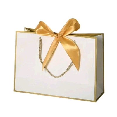 Large Luxury White Gold Gift Bag Ribbon Mothers Day Anniversary Birthday Wedding