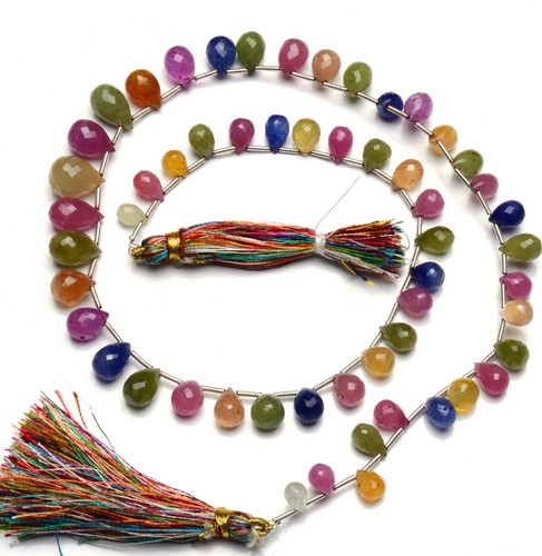 Natural Gem Multi Sapphire 6x4 to 12x9MM Faceted Teardrop Briolette Beads 17" - Picture 4 of 6